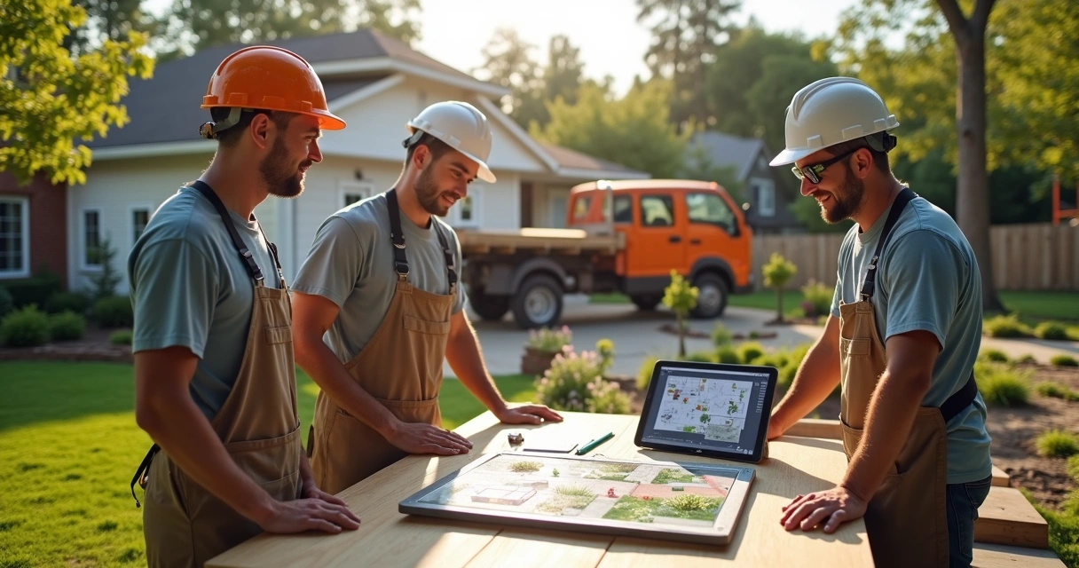 Construction crew reviewing a 3D landscape design on a tablet