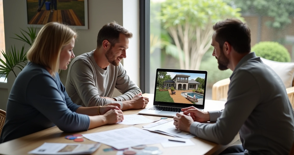 Homeowners and designer reviewing backyard 3D plan on laptop