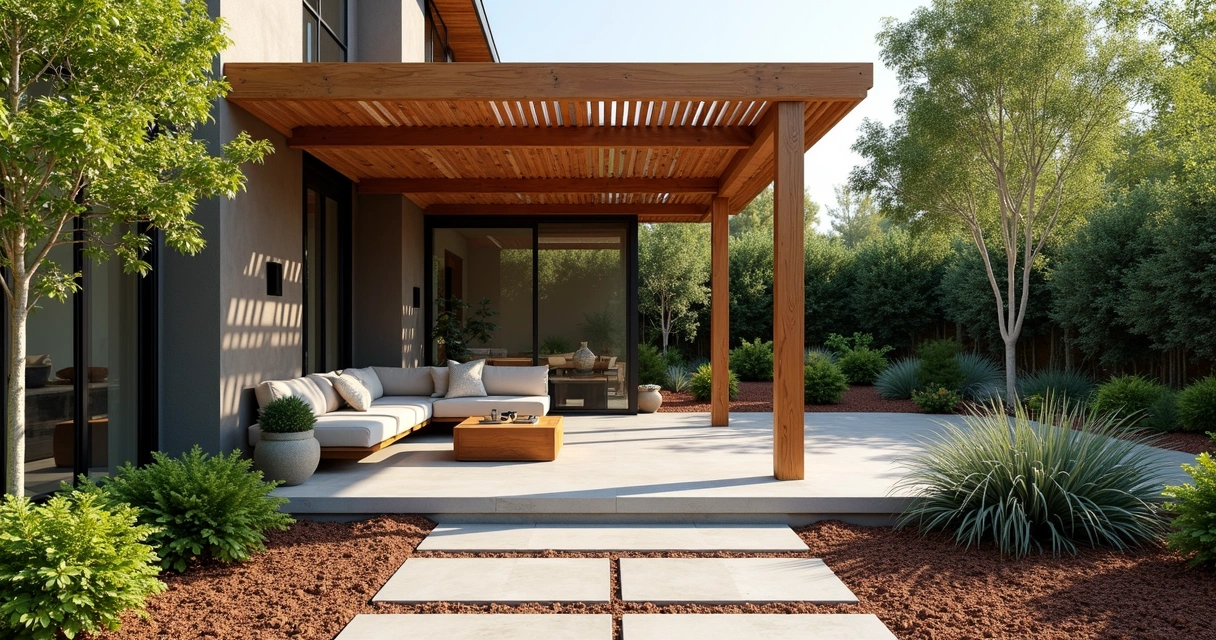 Modern outdoor patio with pergola and deep mulch in landscape design 