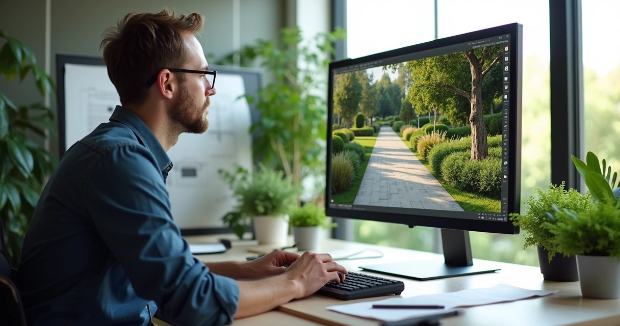 Landscape designer working on 3D landscape software at computer