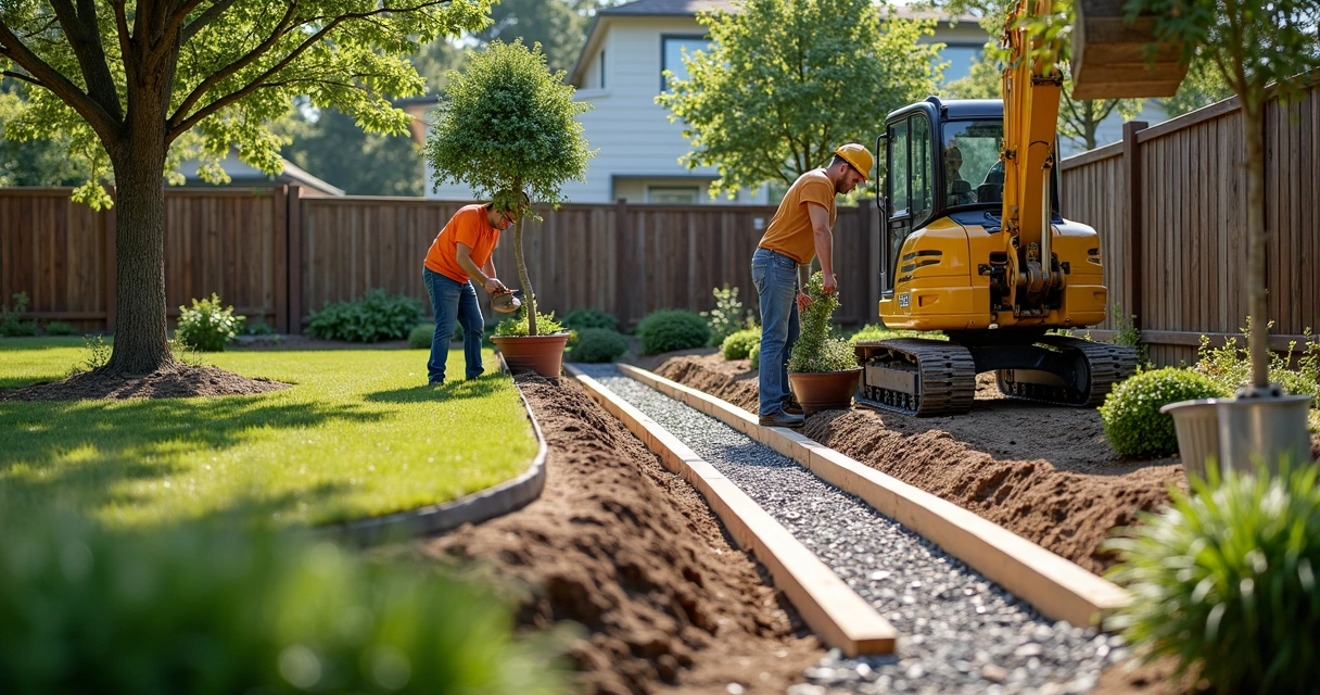 Landscape workers building a tree trench. 