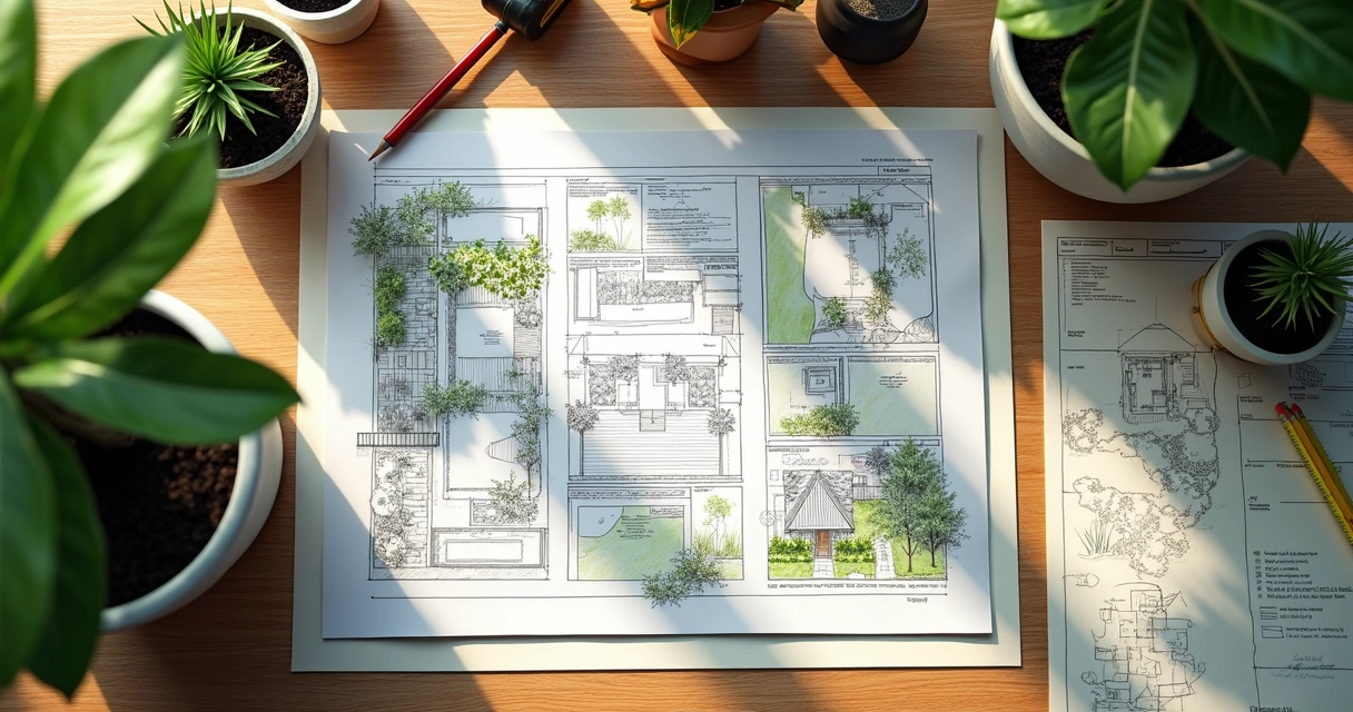 Detailed landscape planning checklist with sketches, plant samples, and site map