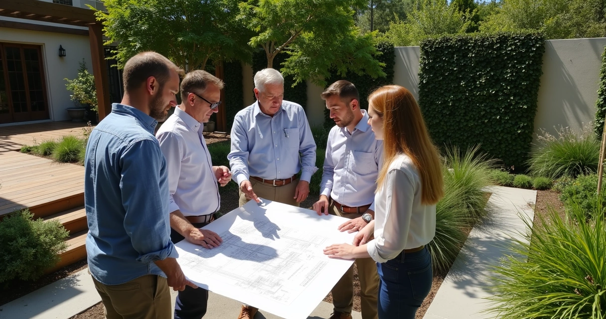 Landscape professionals collaborating on site plans outdoors 