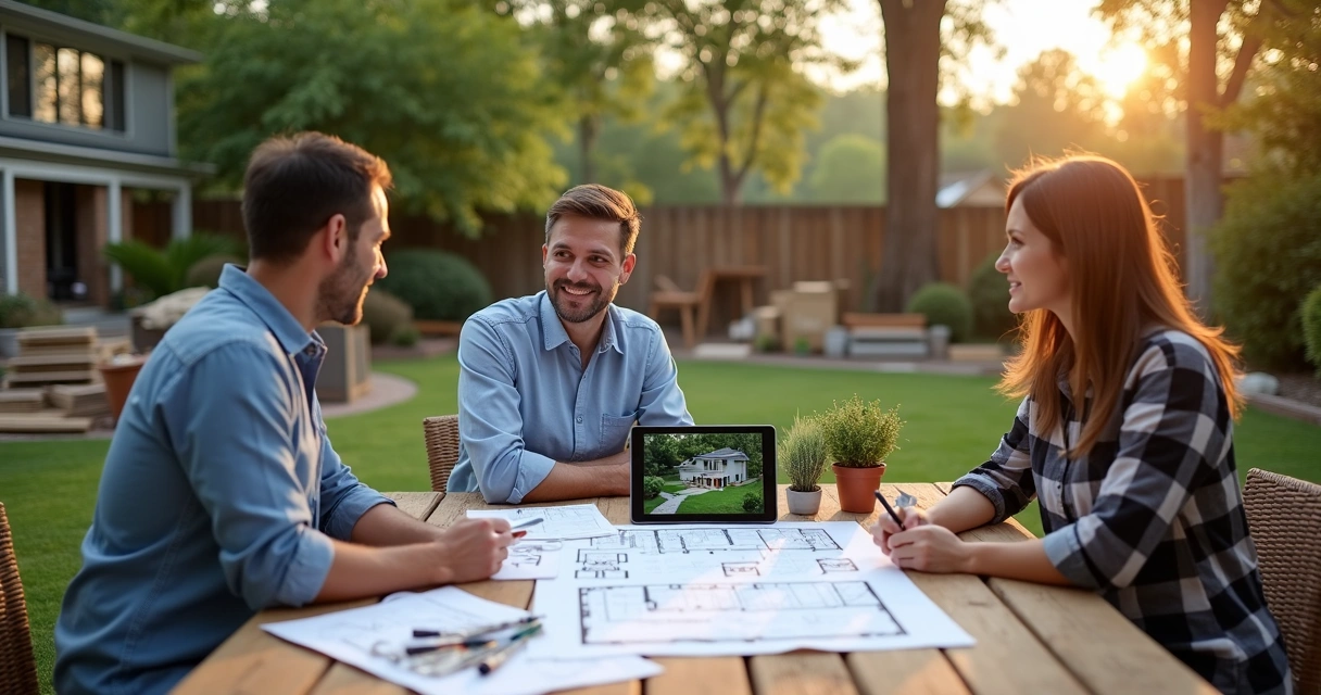 Landscape designers meeting with homeowner at outdoor table