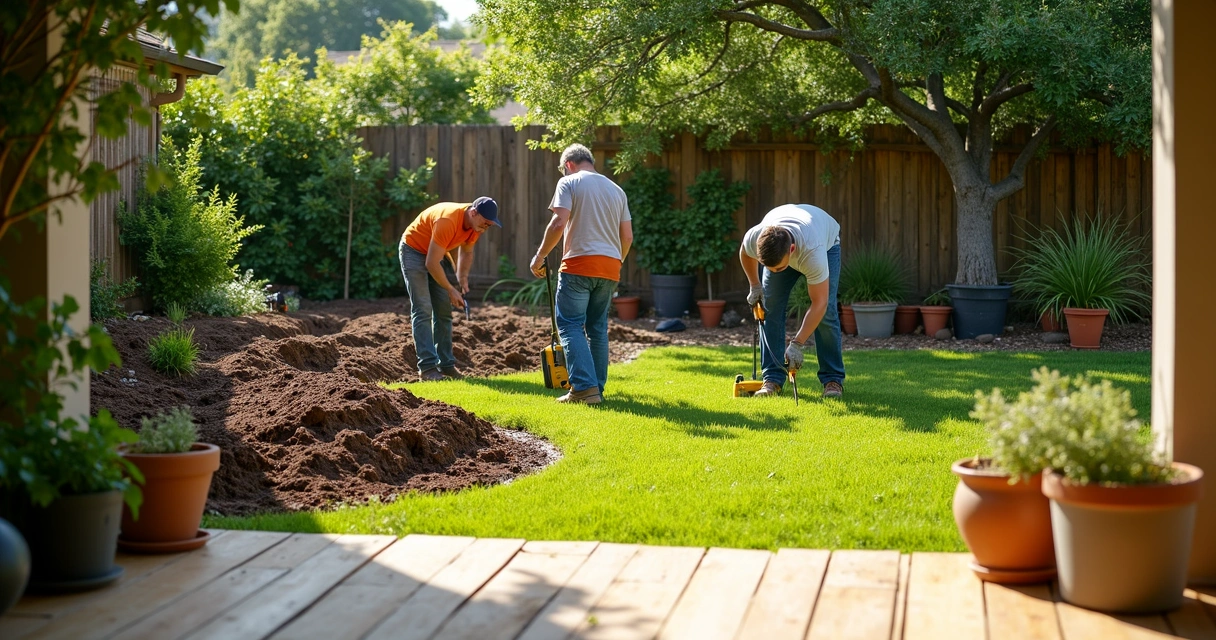 Landscaping crew preparing backyard beds