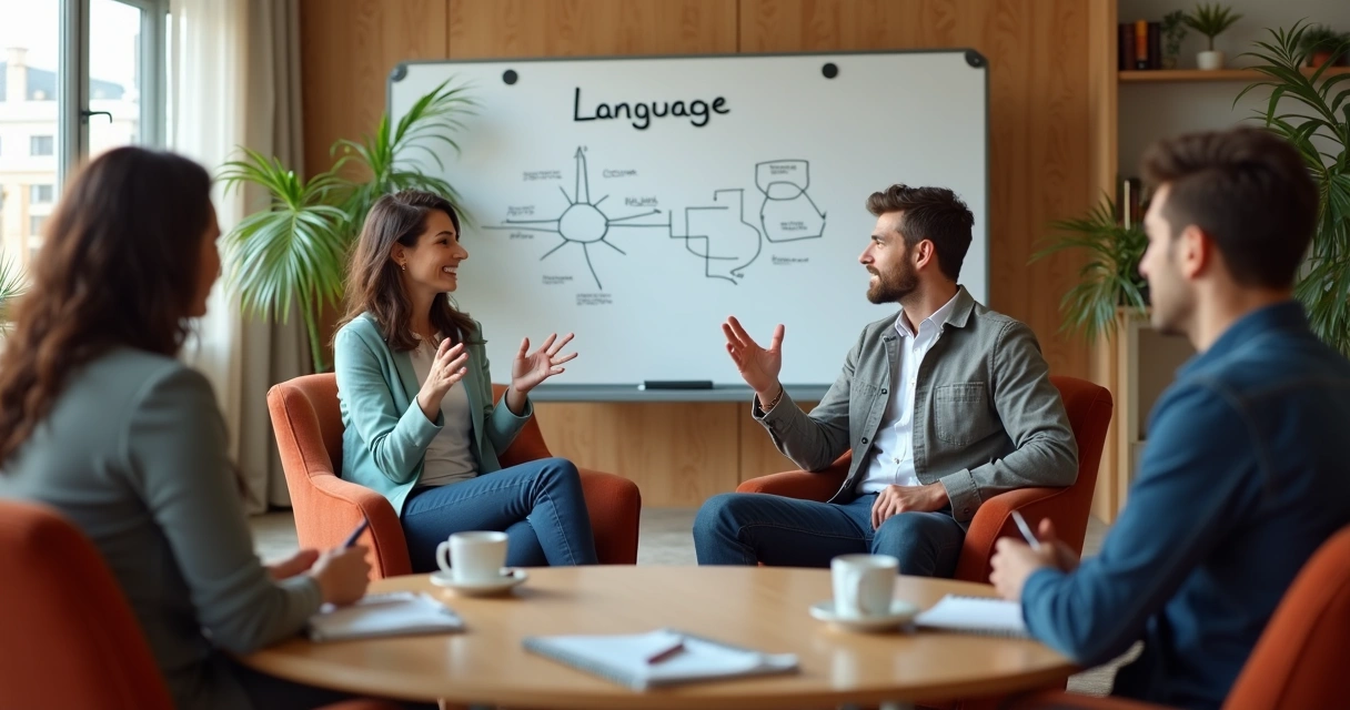 Colleagues sitting together discussing language and awareness