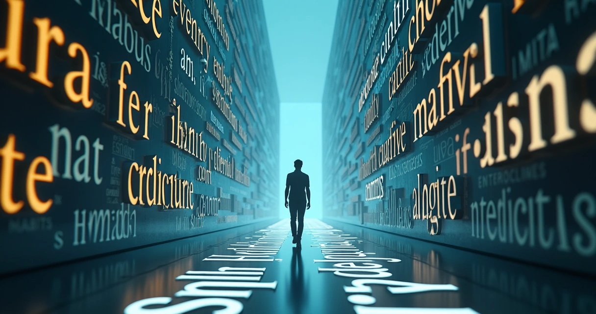 Human figure walking through a maze made from floating words and luminous paths 