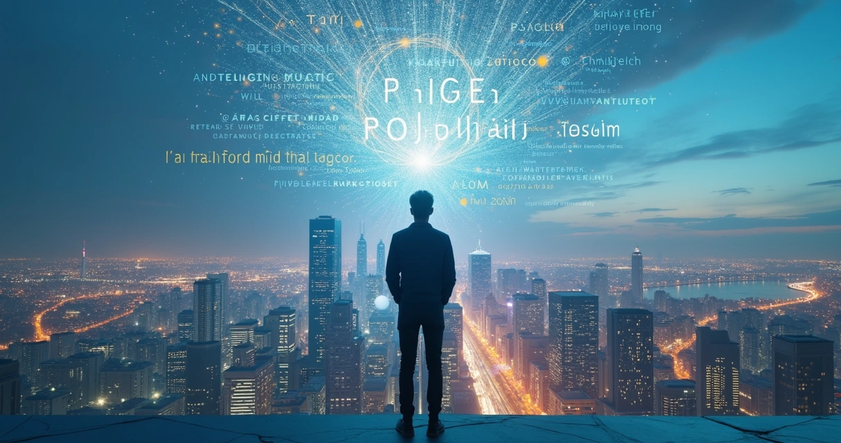 Silhouetted person facing a city made of glowing words and symbols 