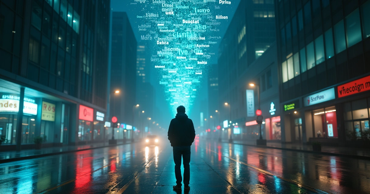 Silhouetted person in front of glowing words flowing through a night city 