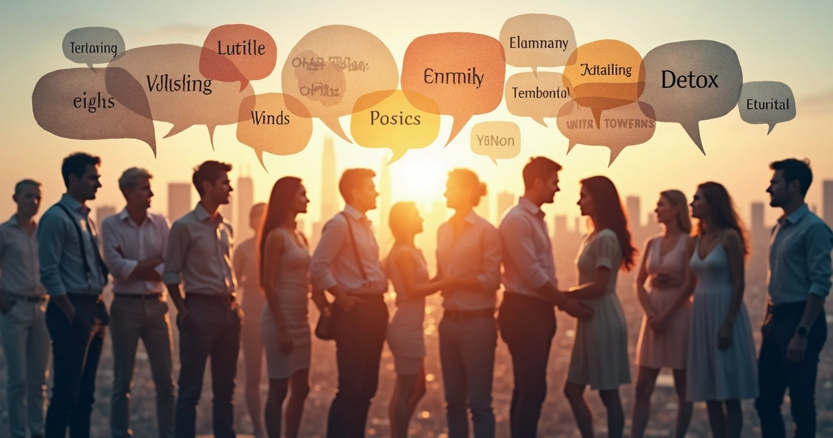 Group of people talking, speech bubbles show new and old words blending