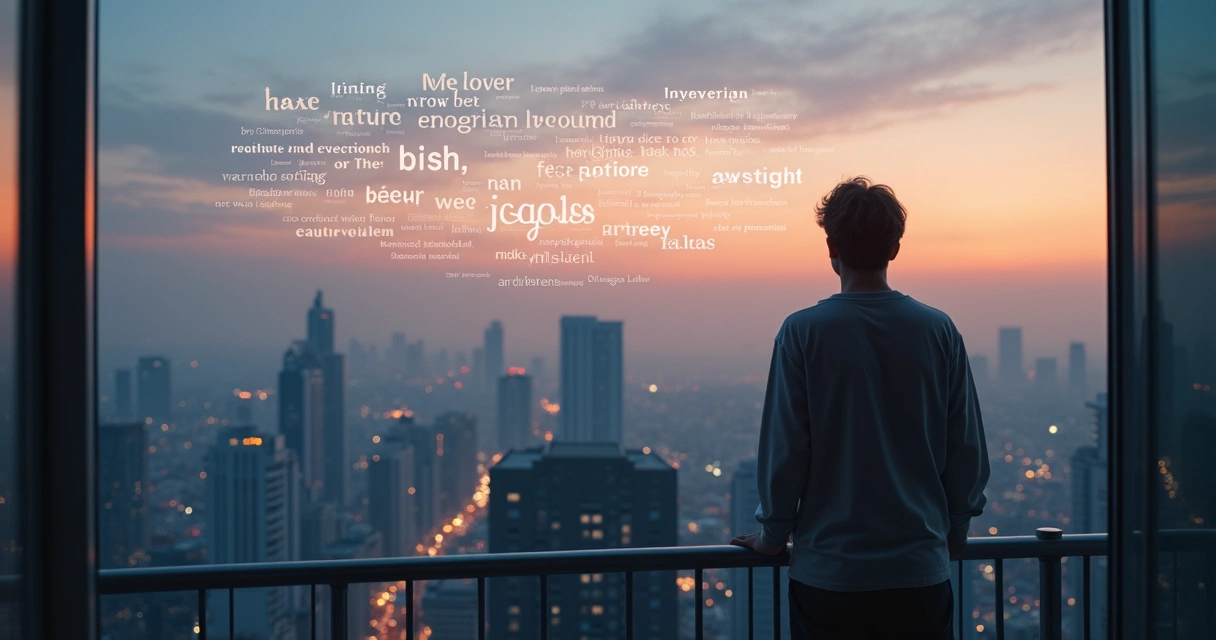 Silhouetted person on balcony overlooking city with floating translucent words in the sky 