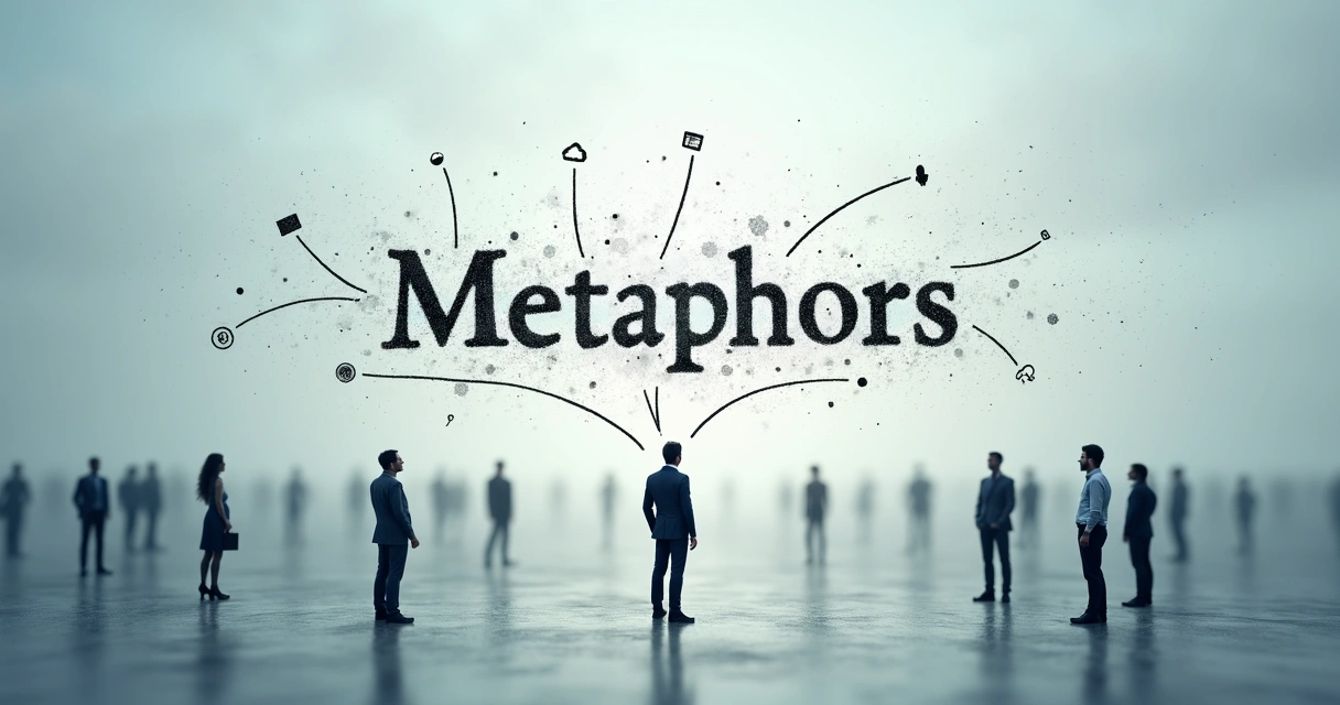 Illustration showing metaphors in language through abstract shapes and words 