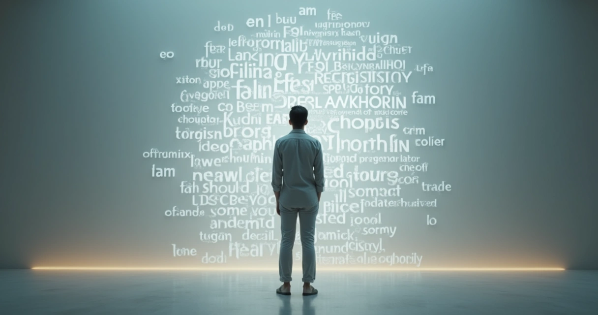 Person reflected in floating words forming a human silhouette 