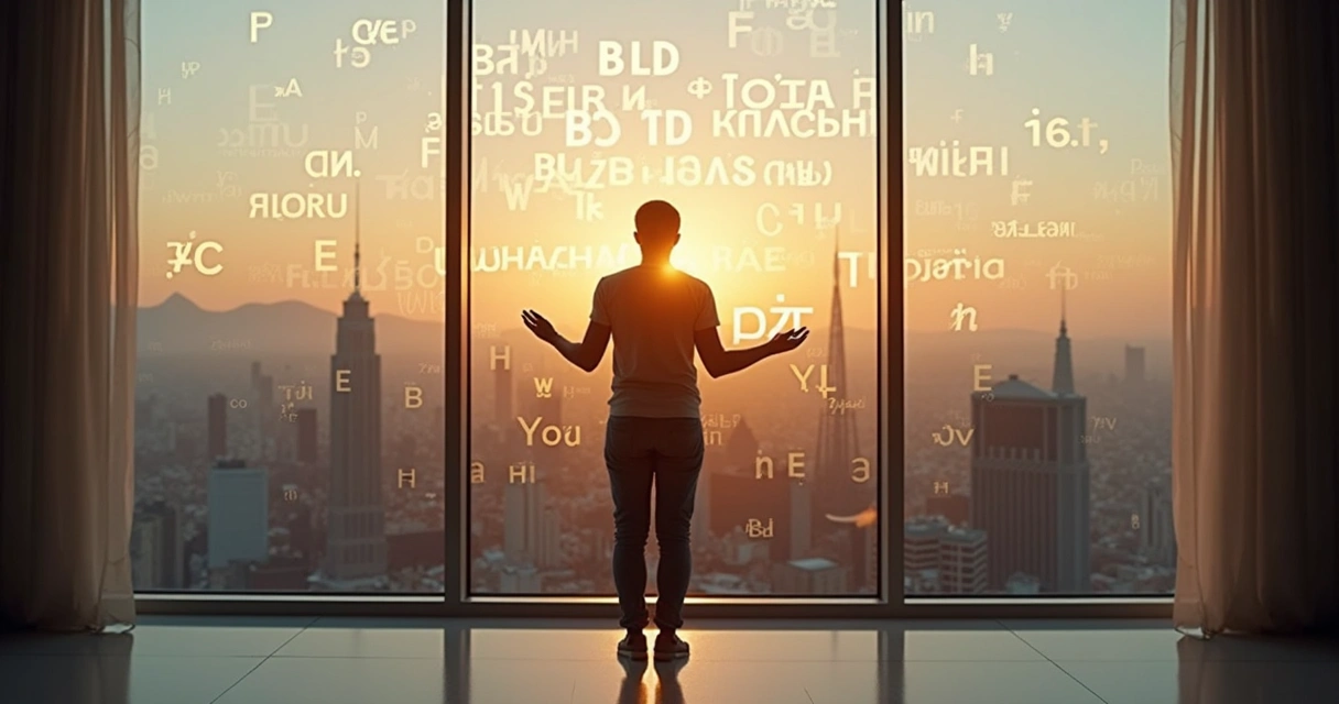 Person looking at city skyline through window made of floating language symbols 