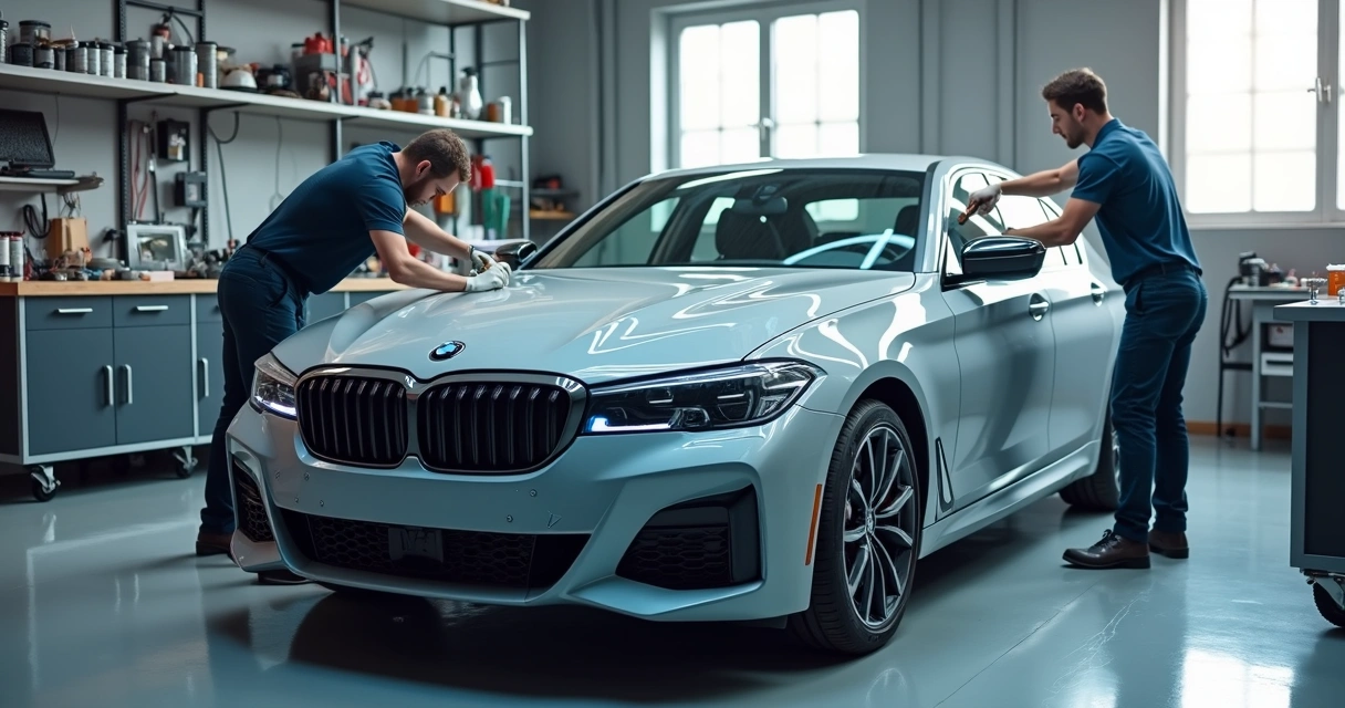 Carro em oficina com metade do lado em lanternagem sendo consertado e outra metade em pintura com pincel e pulverizador 