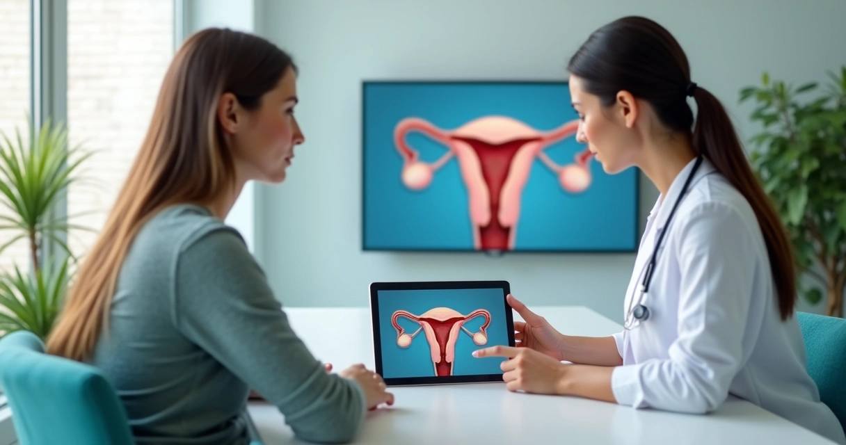 Ginecologista mostrando em tablet imagem ilustrativa de cisto de ovário e ovário preservado 