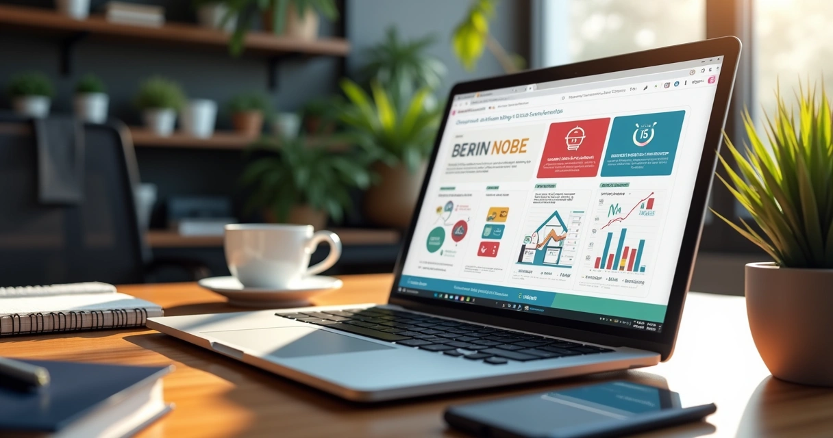 Laptop aberto mostrando um e-book digital interativo com gráficos coloridos e elementos clicáveis na tela 