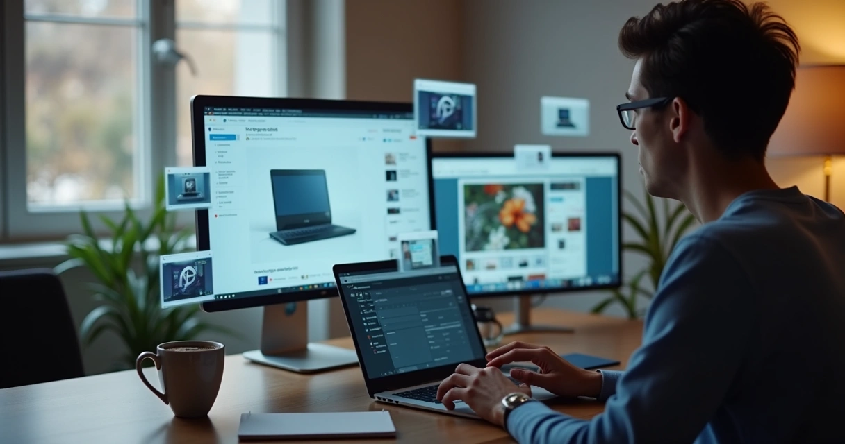 Pessoa olhando para laptop com anúncios digitais sendo exibidos
