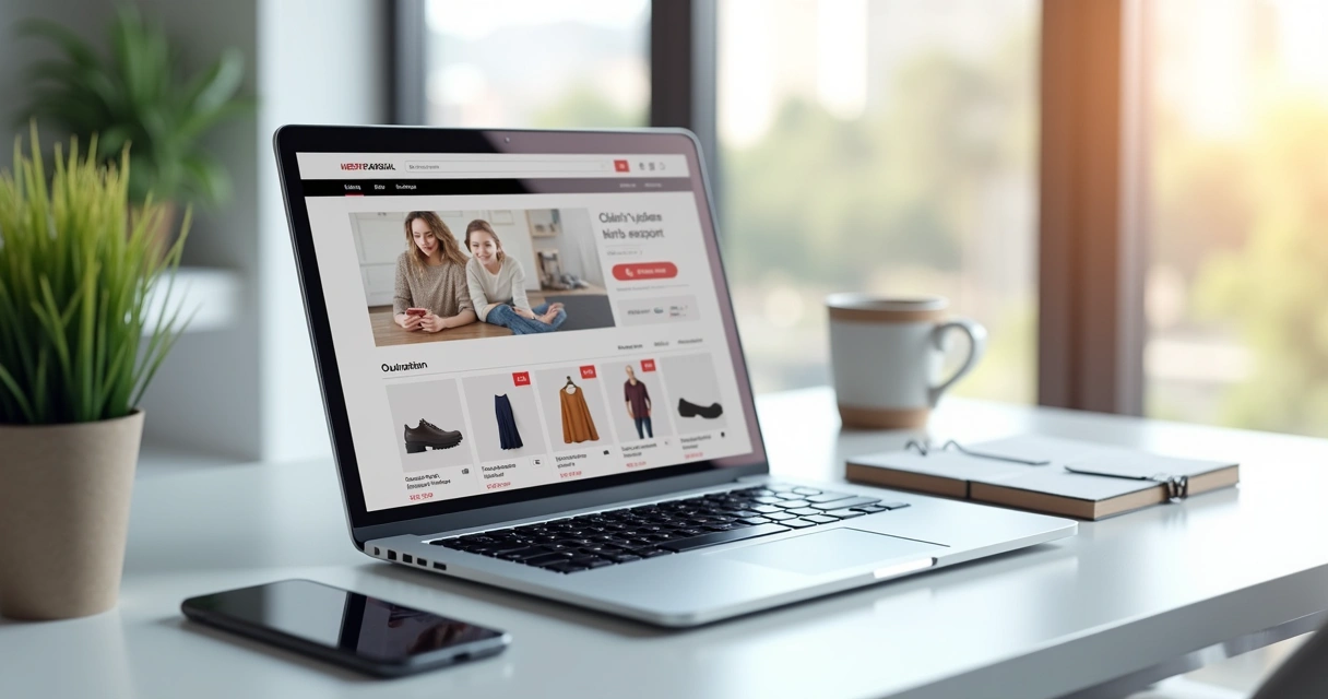 Laptop aberto mostrando interface de loja virtual com design moderno e elementos de experiência do usuário 