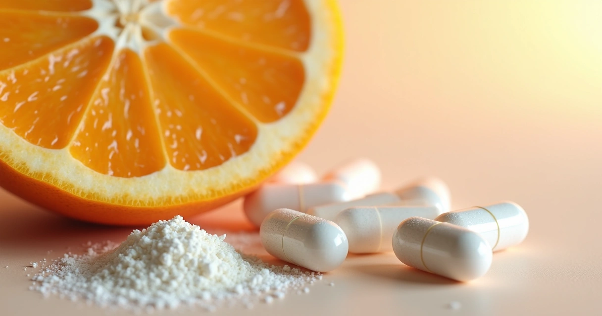 Fatia de laranja Moro ao lado de cápsulas e pó branco sobre superfície clara.