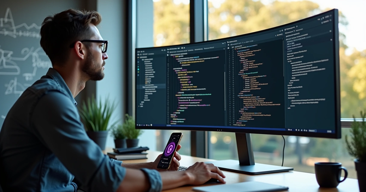Developer at computer with Laravel API dashboard