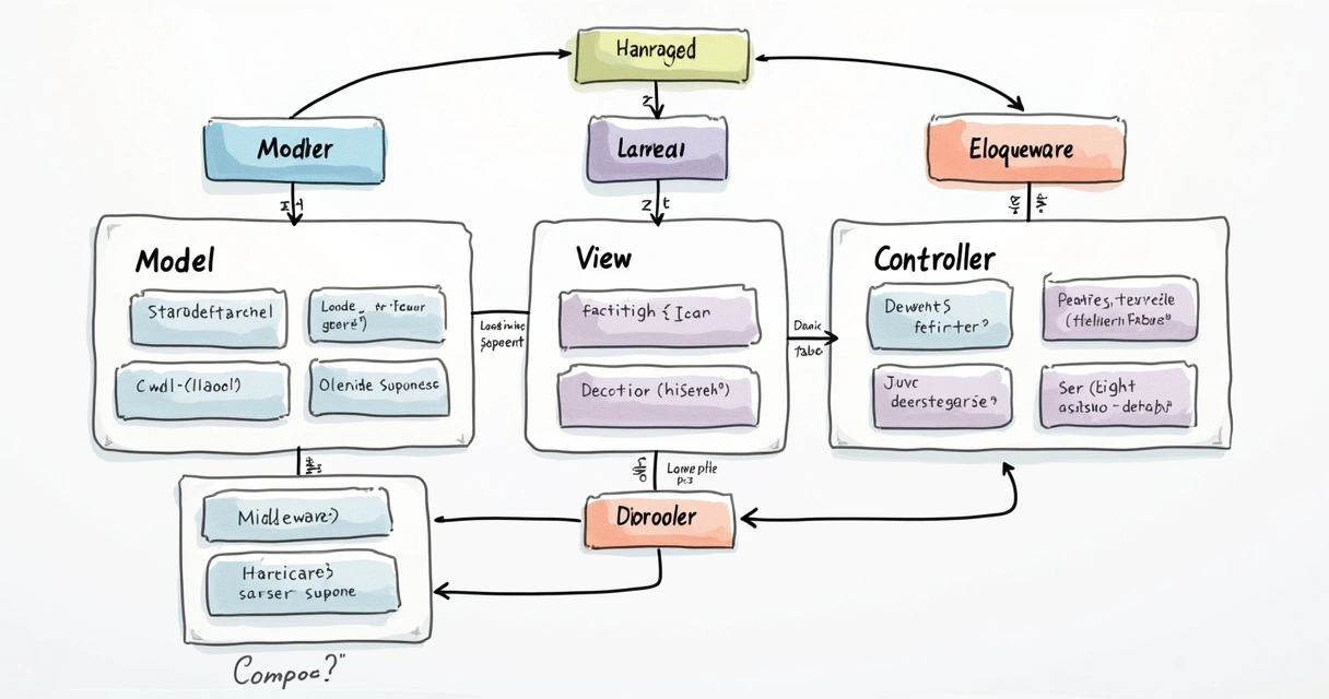 Diagram showing Laravel MVC architecture and Eloquent ORM relationships. 