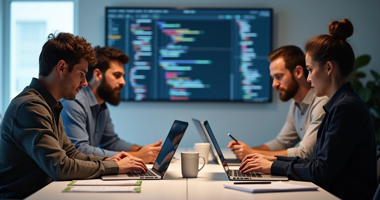 Coding team collaborating at laptops writing Laravel code snippets. 
