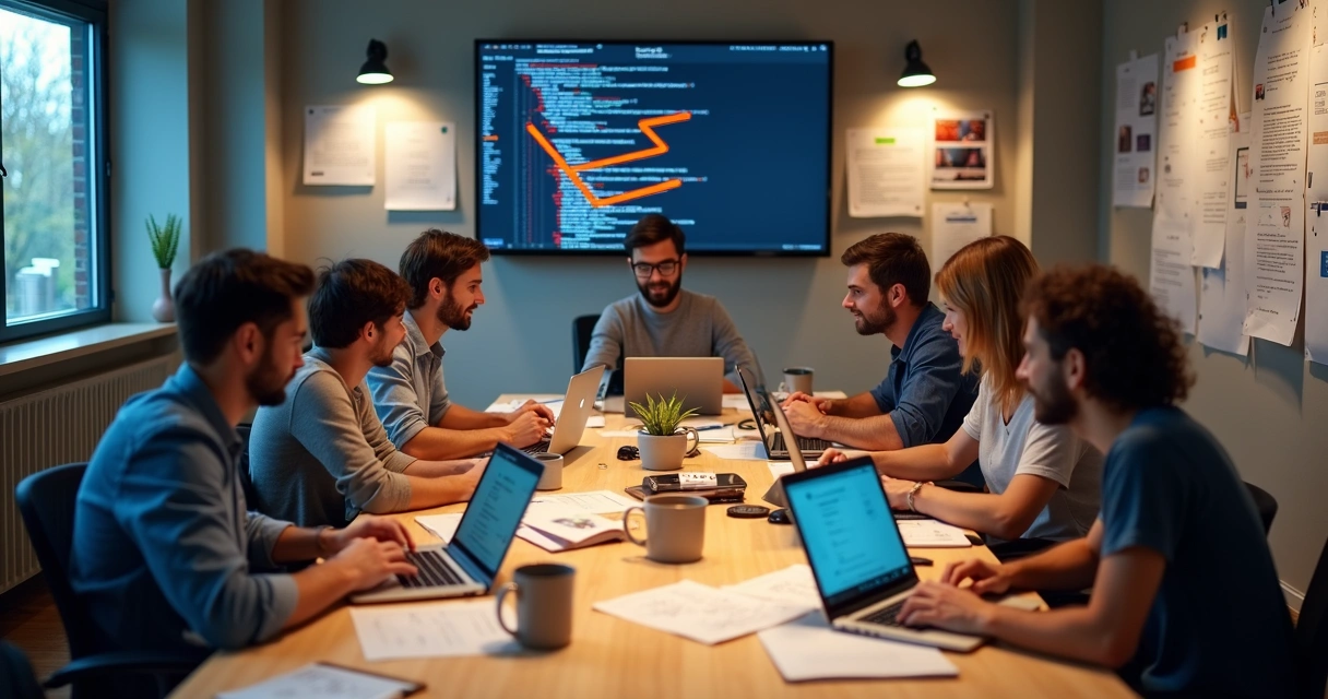 Developers collaborating at Laravel community meetup