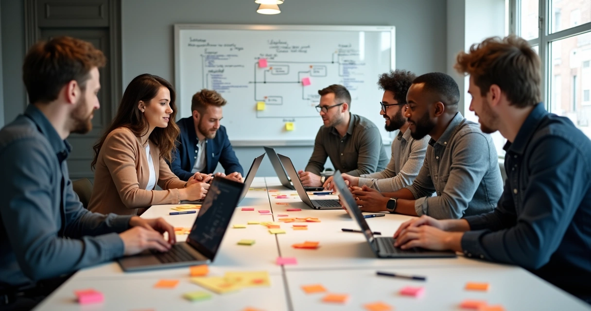 Developers discussing Laravel project around table 