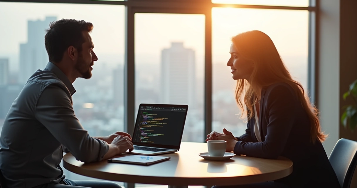 Web development client and consultant meeting in modern office 