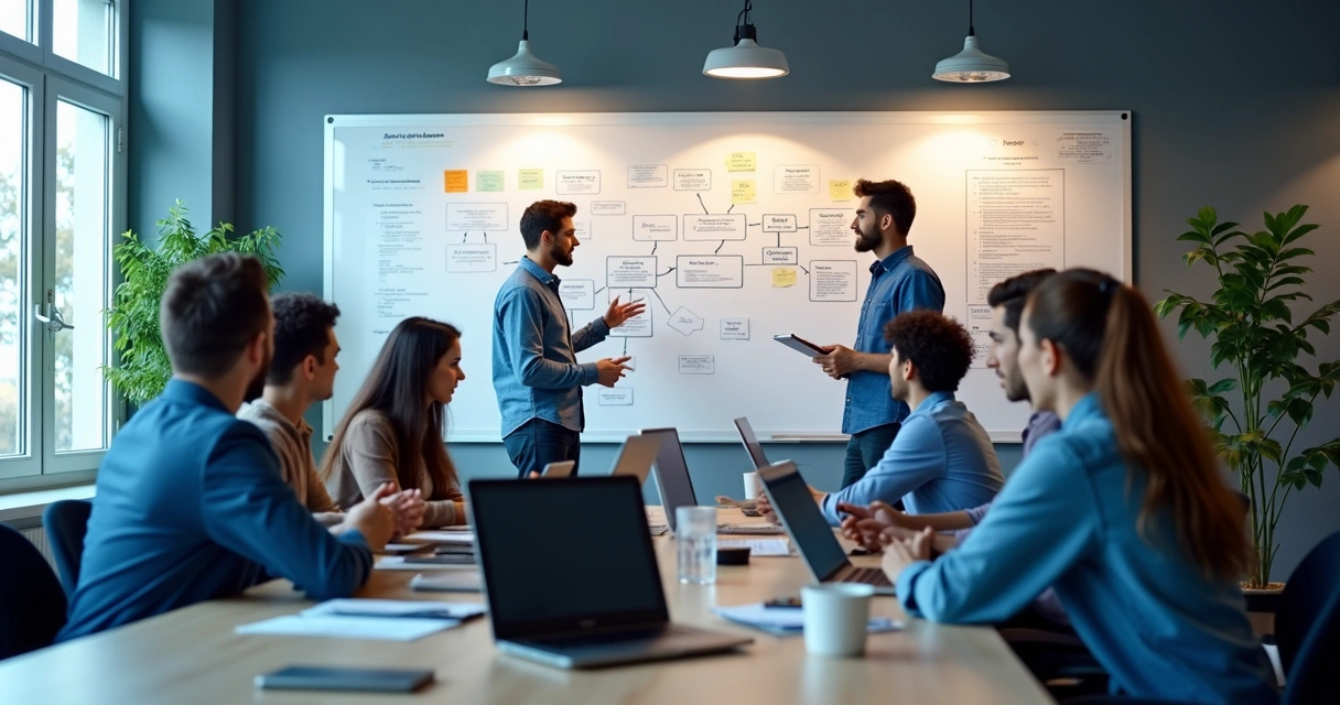 Software engineering team at whiteboard discussing Laravel app structure 