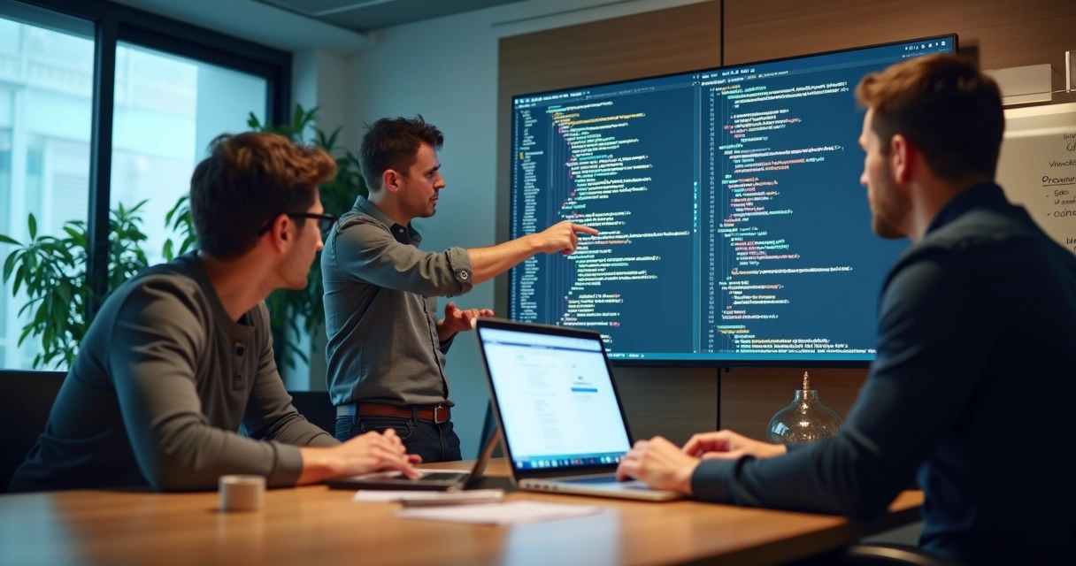 Development team collaborating in a modern office, discussing code on screens 