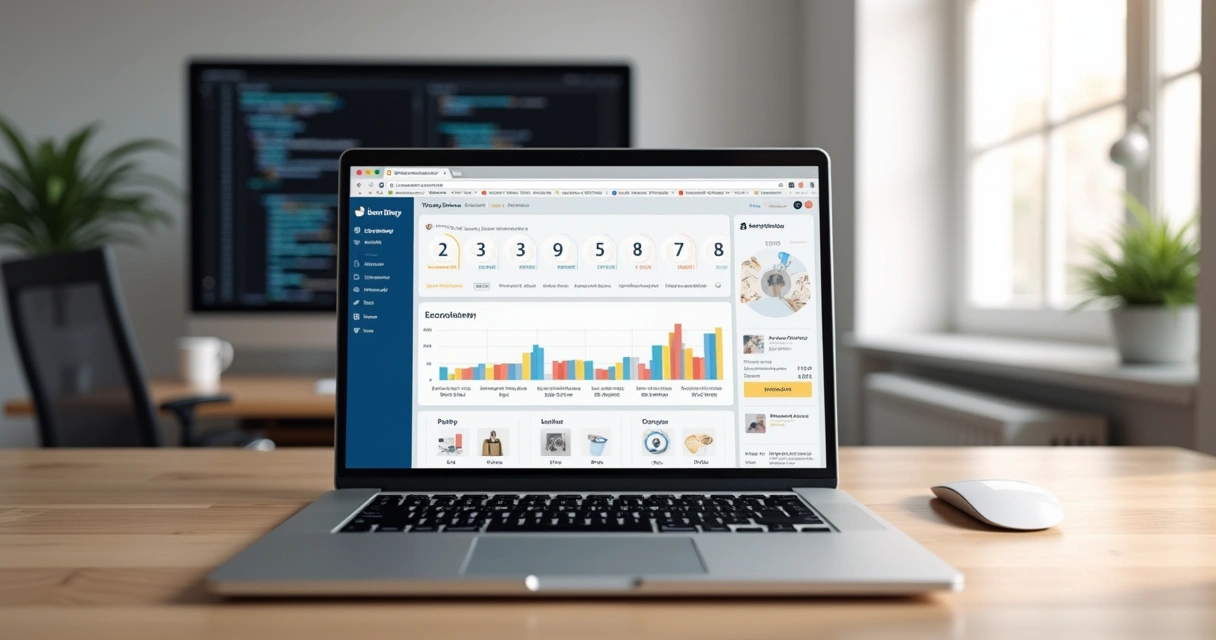 Laravel e-commerce dashboard on a laptop with code and analytics