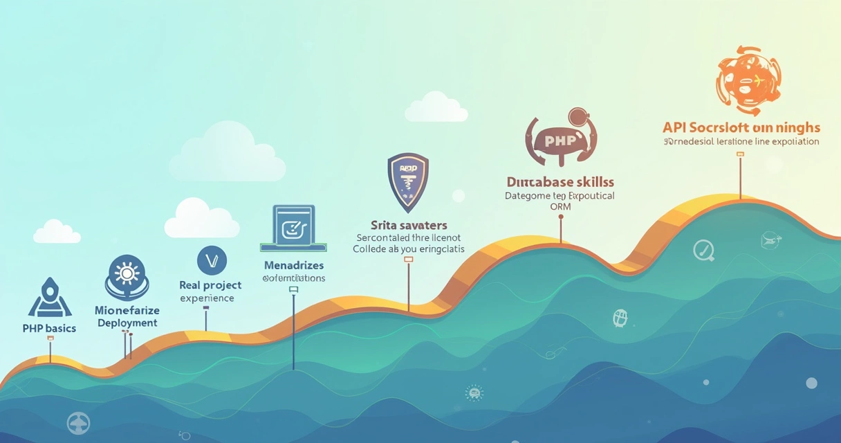 Illustration of a simplified roadmap with milestones representing Laravel learning stages, such as PHP basics, database skills, APIs, and cloud deployment. 