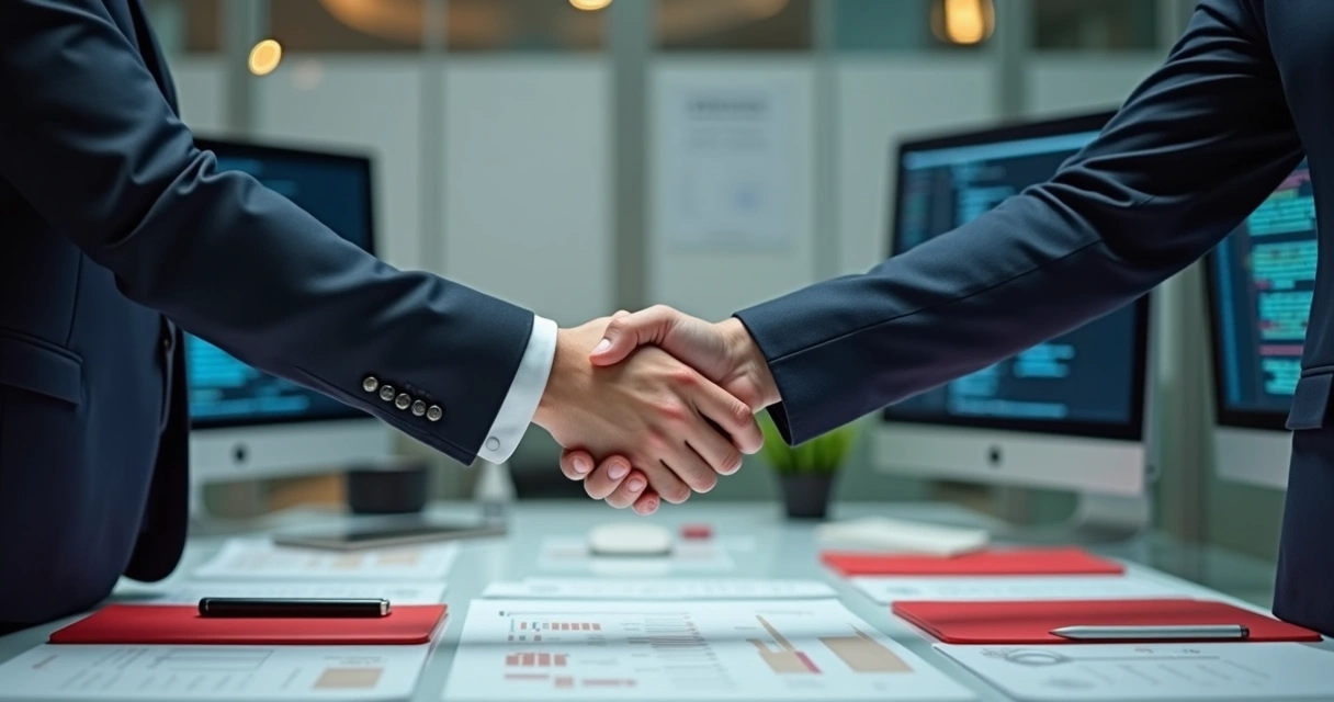 Handshake between developer and client in office 