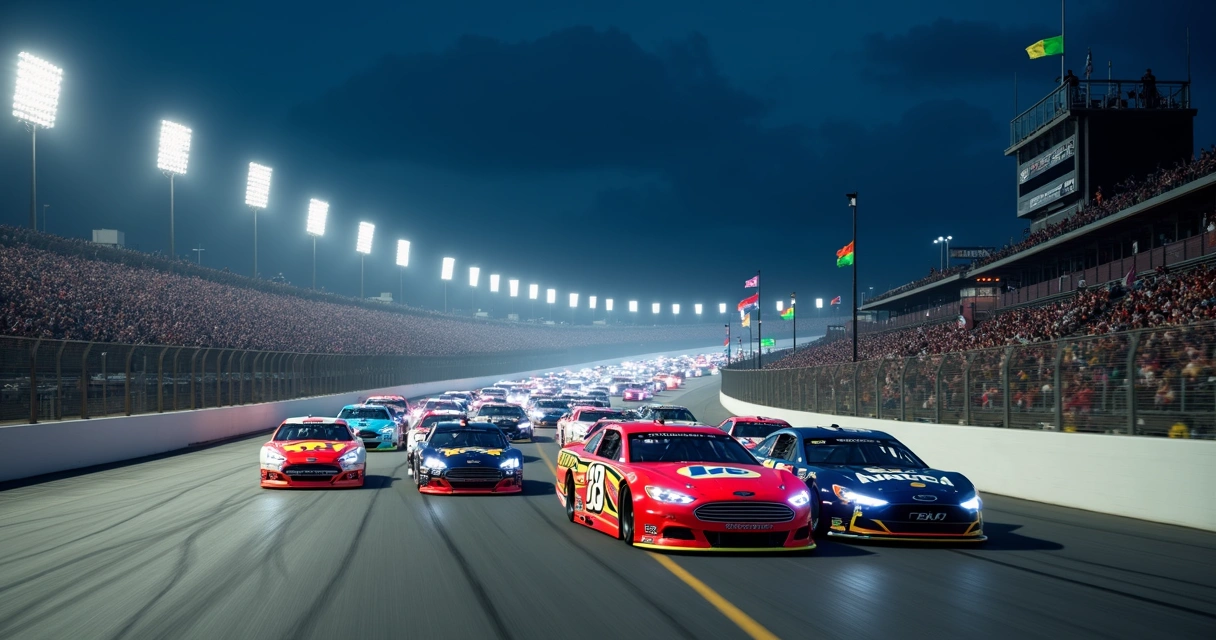 Carros lado a lado em largada de corrida tipo NASCAR à noite com bandeiras coloridas 
