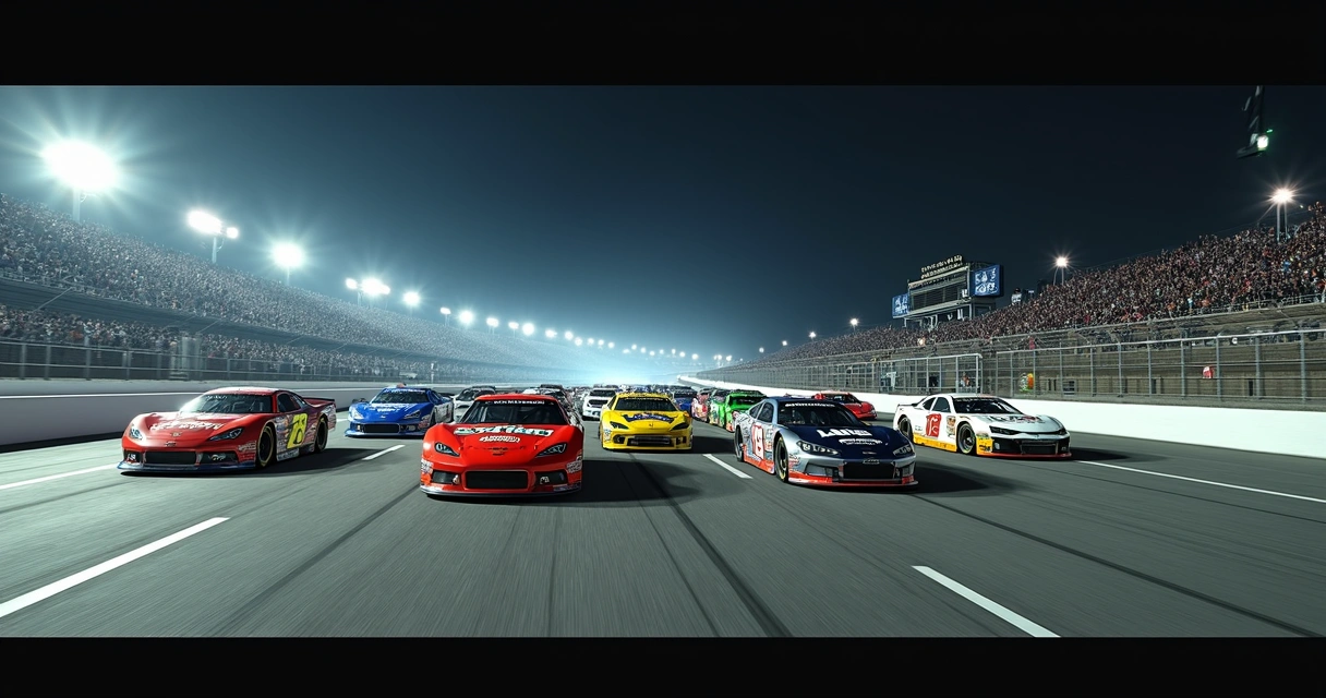 Carros da NASCAR lado a lado em largada noturna com bandeira verde 