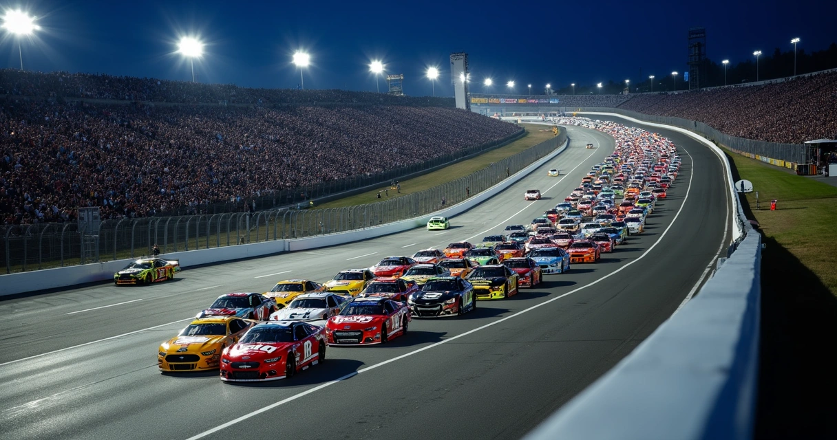 Carros da NASCAR alinhados para largada em circuito oval à noite 