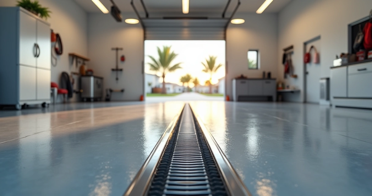 Wide Florida garage with central drainage channel and water flowing toward floor drain 