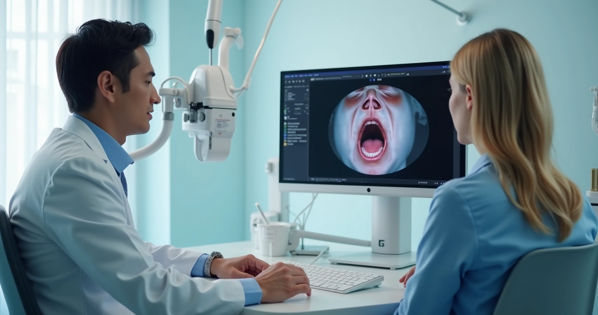 Médico observando exame de laringoscopia em monitor