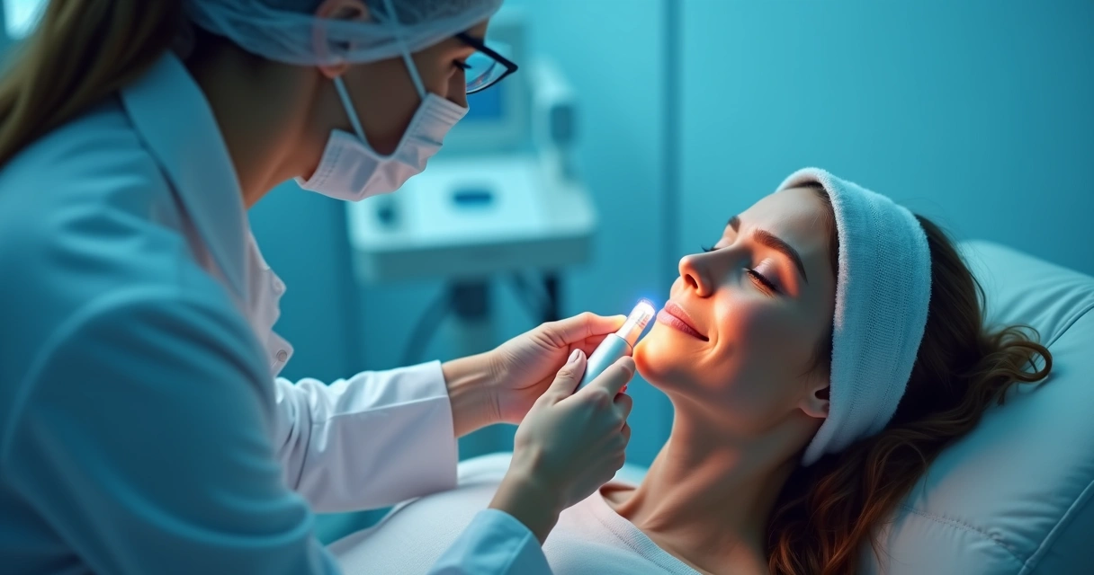 Aplicação do laser de CO2 Deka no rosto de paciente em consultório dermatológico 
