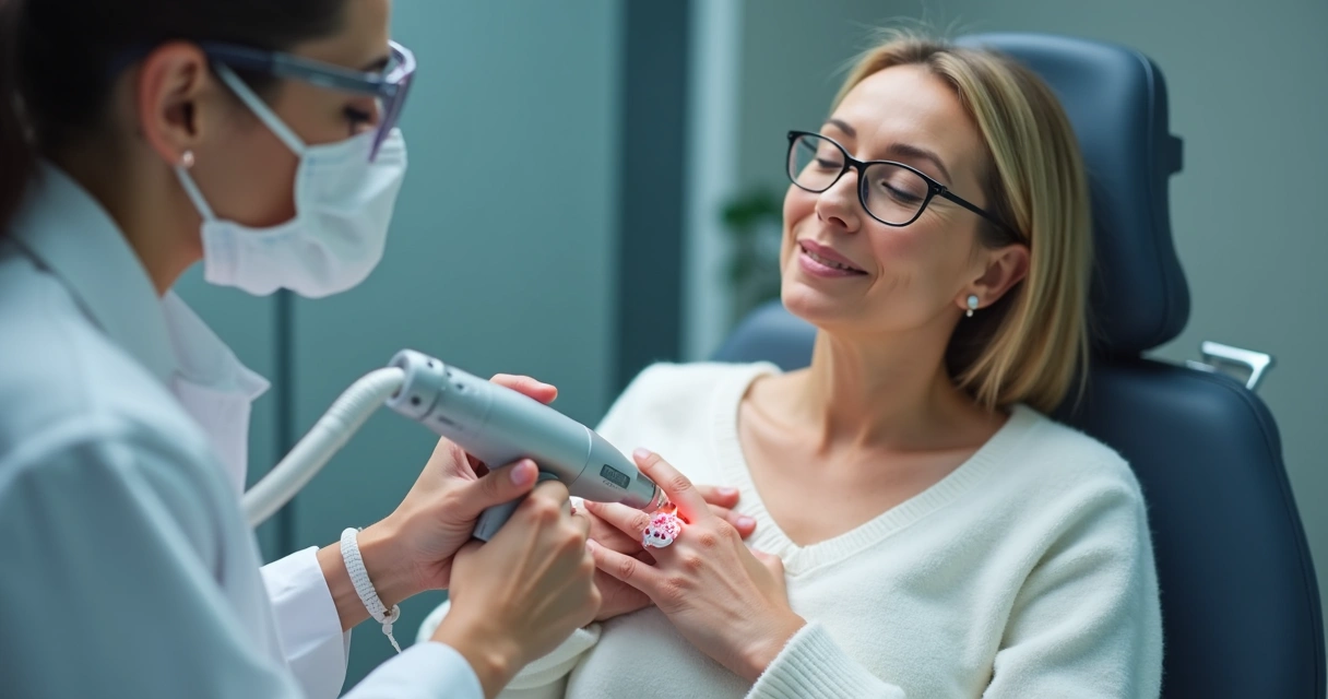 Aplicação de laser de CO2 nas mãos durante consulta dermatológica 