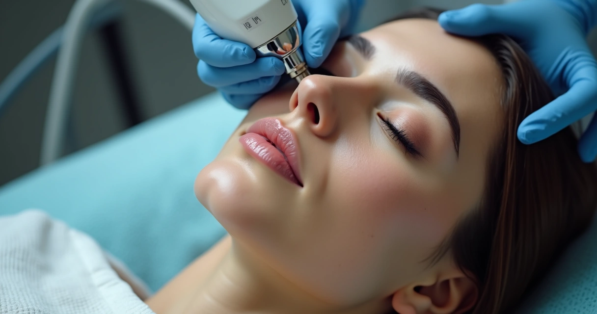 Aplicação de laser CO2 fracionado sob os olhos em paciente. 