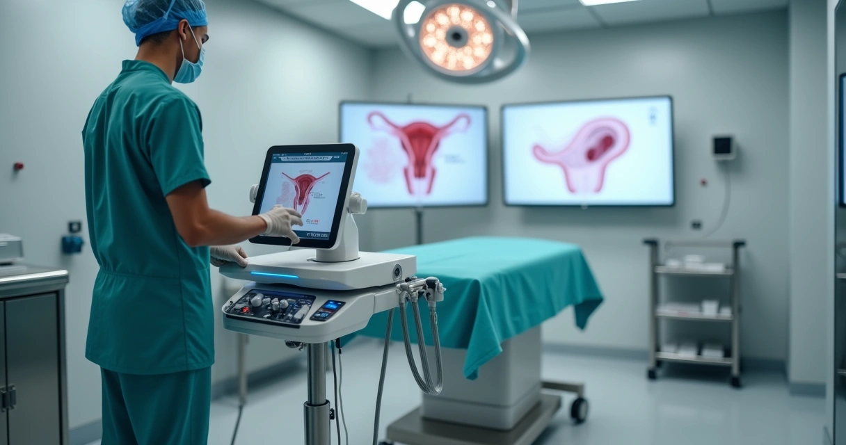 Sala cirúrgica moderna com foco em equipamento de laser de CO2 para proctologia 