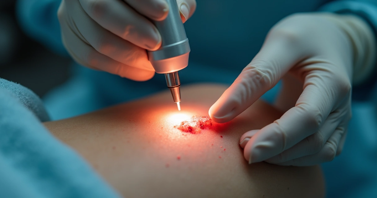 Remoção de plicoma anal com laser de CO2 em sala de procedimento 