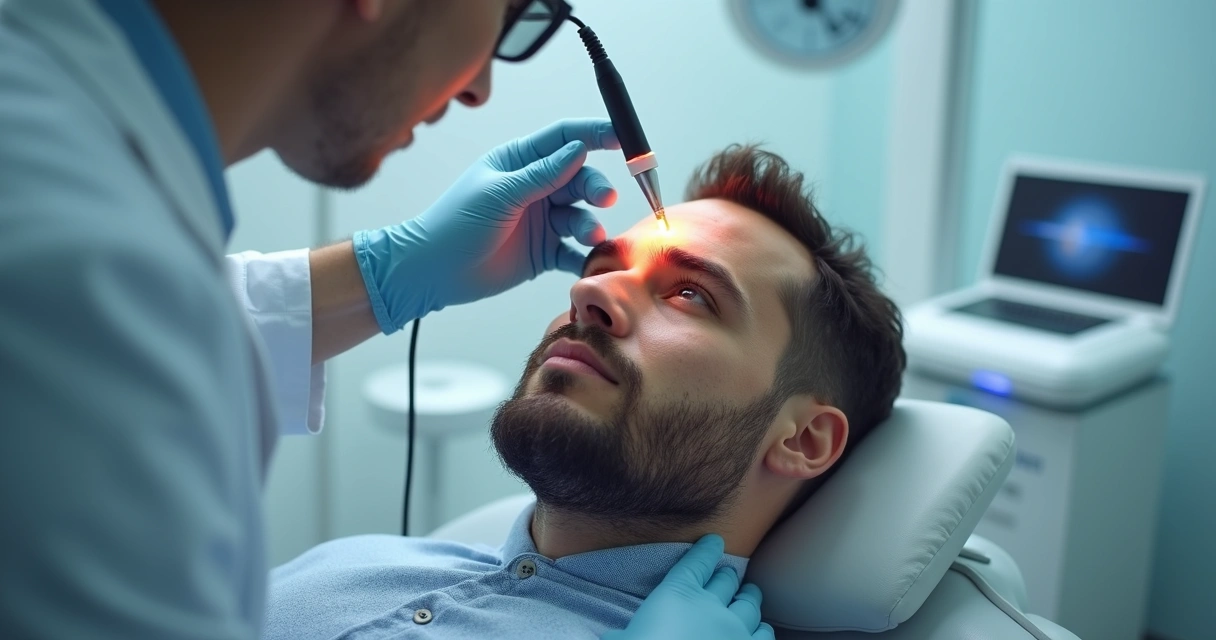 Equipamento de laser sendo aplicado no couro cabeludo de um homem, com luz intensa e close no processo 