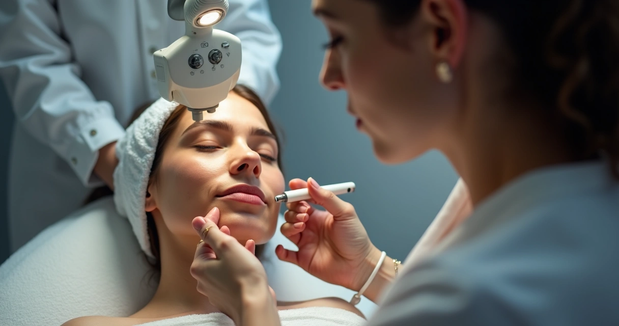 Laser sendo aplicado no rosto de paciente por dermatologista