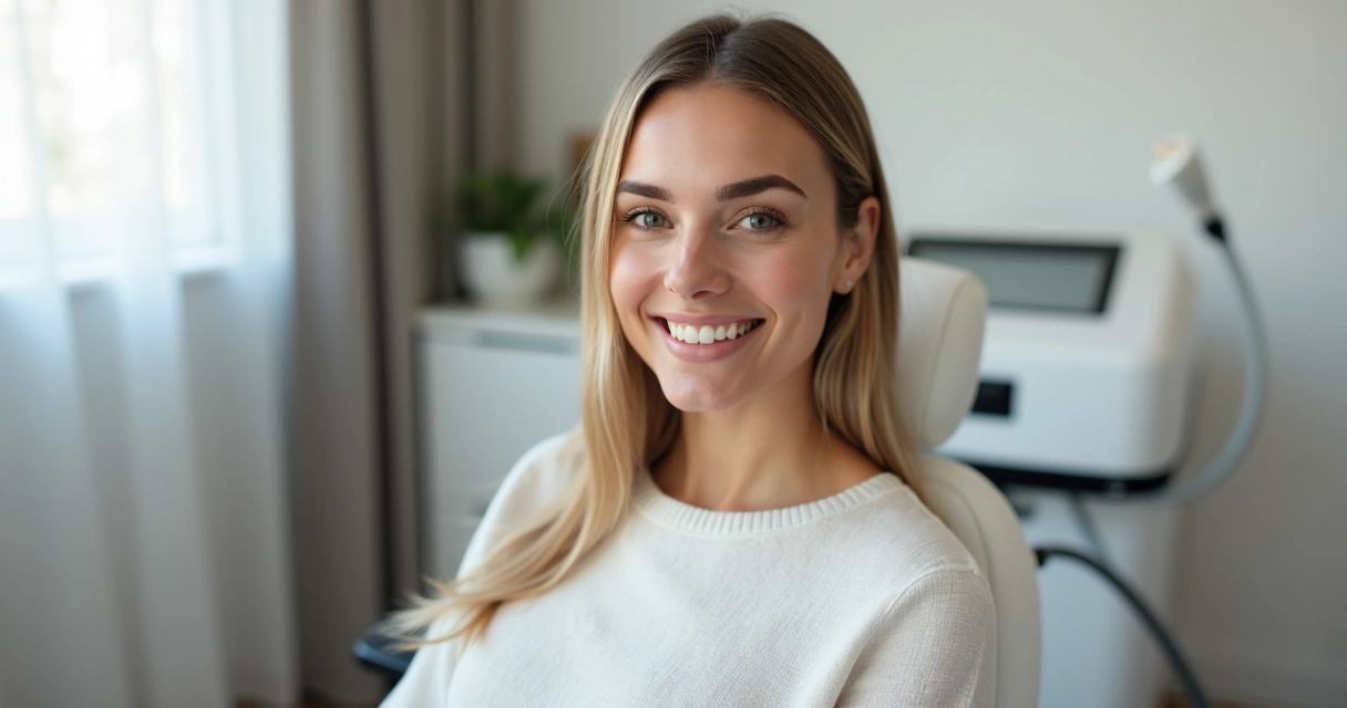 Paciente sorrindo após tratamento a laser facial bem-sucedido 