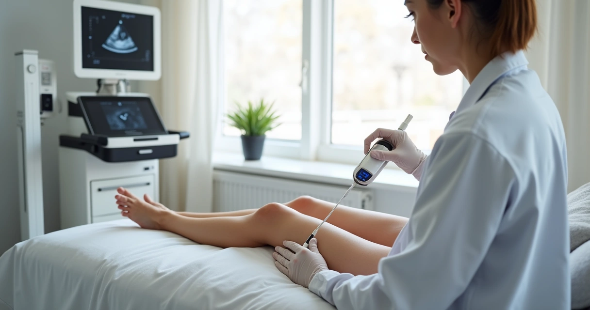 Médico realizando ultrassom e tratamento a laser na perna