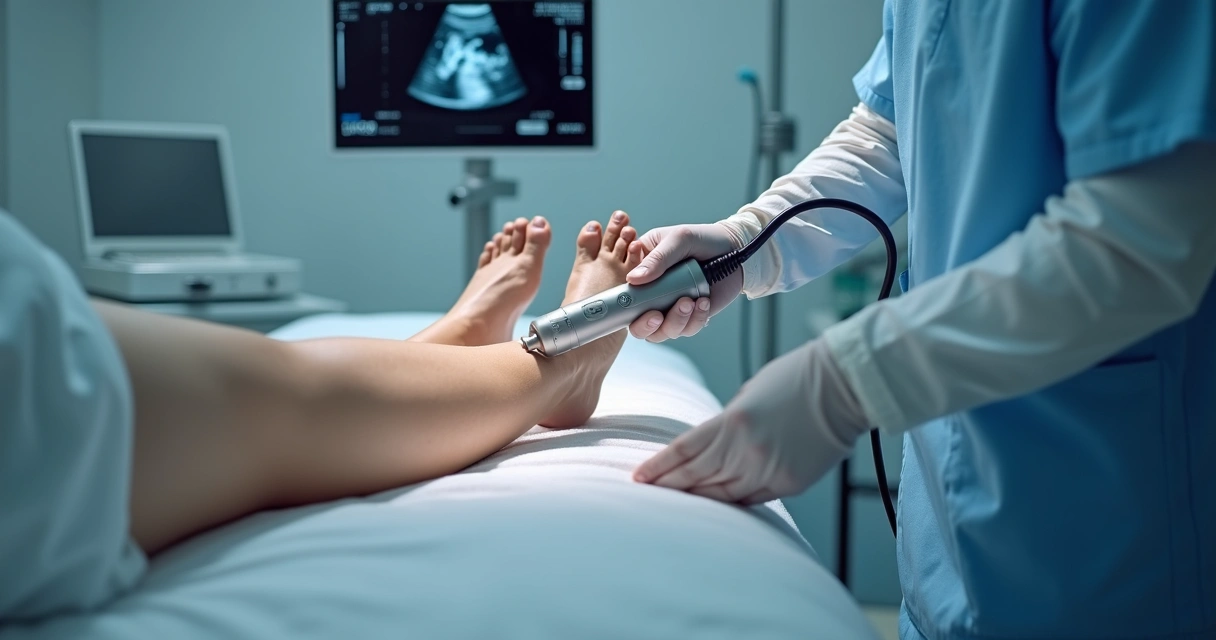 Médico vascular realizando procedimento com ultrassom nas pernas 